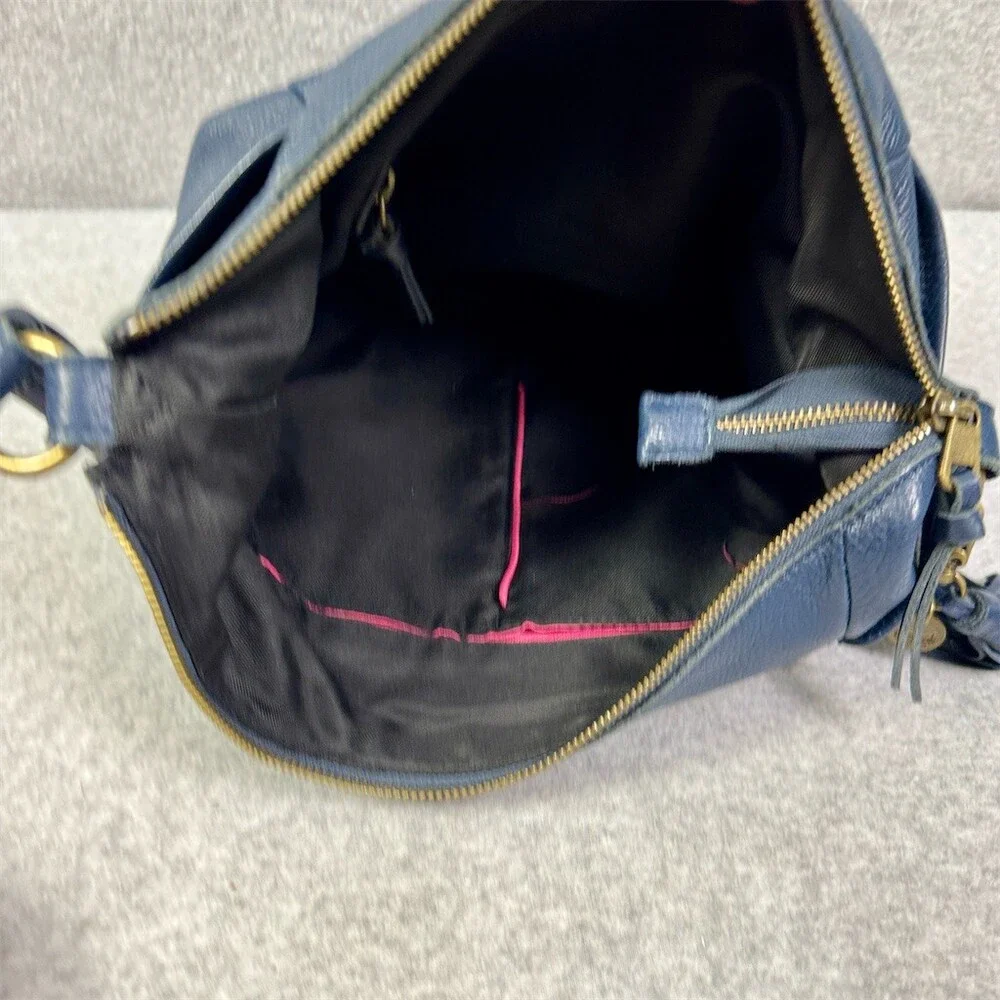 The Sak Hobo Shoulder Bag Womens Small Blue Pebbled Tassel Double Zip